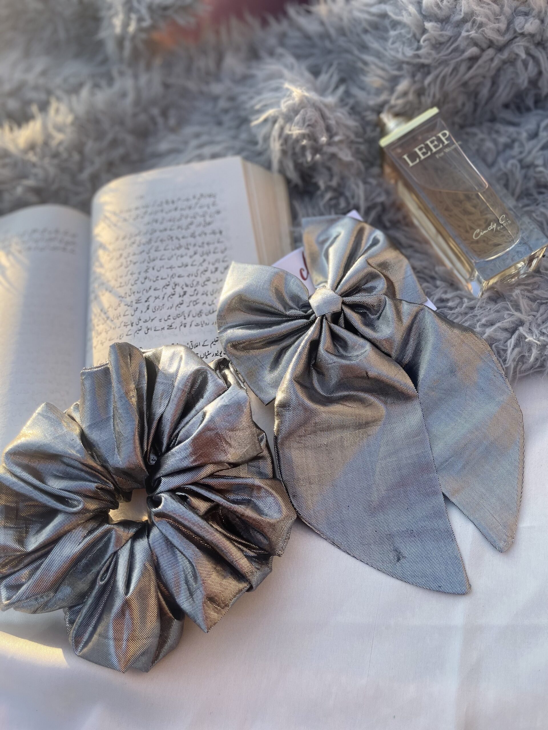 silver tail bow pin and xl scrunchie matching