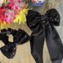 black fancy bow long tail pin with fancy scrunchie black fancy bow long tail pin with fancy scrunchie
