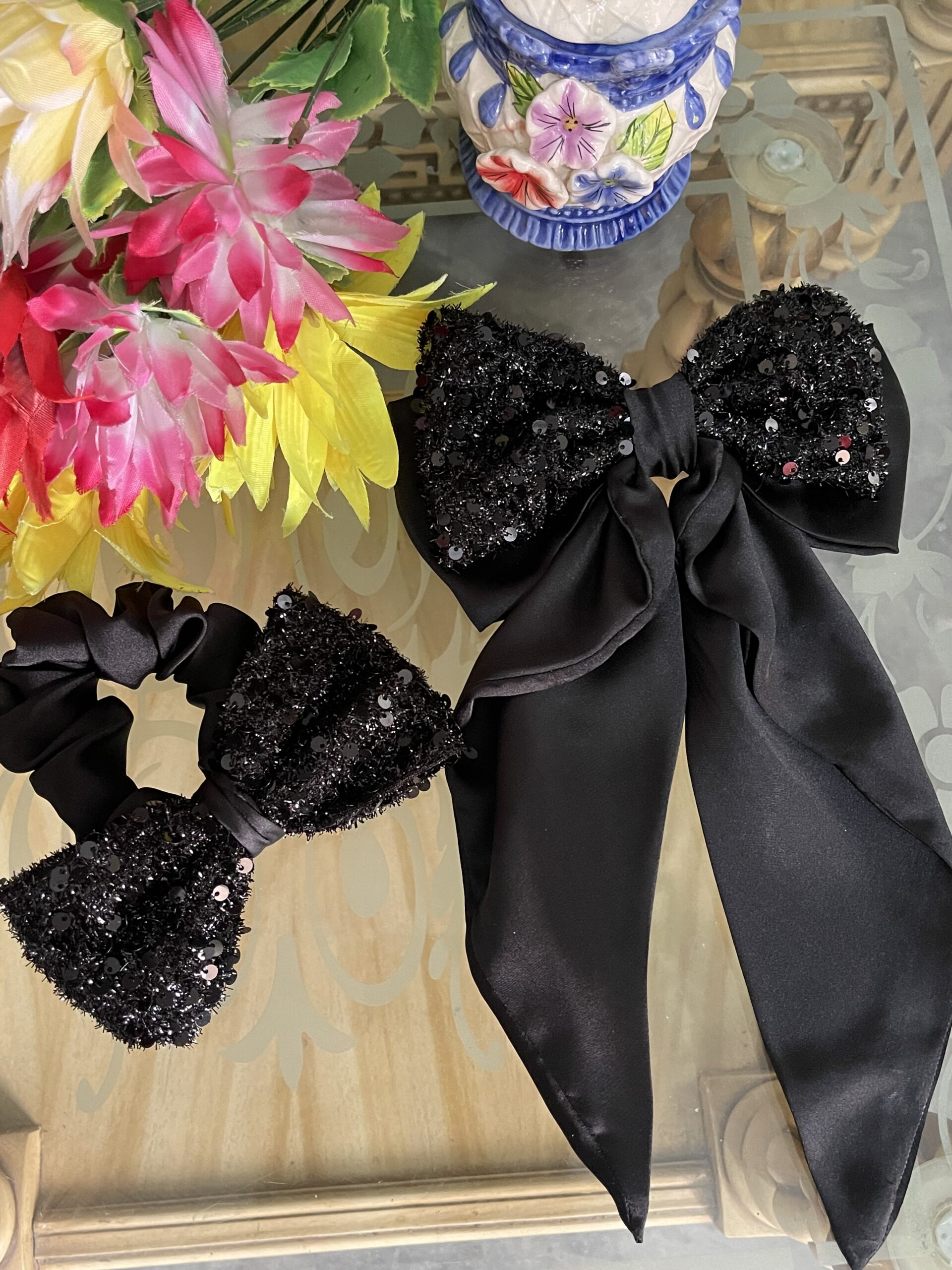 black fancy bow long tail pin with fancy scrunchie