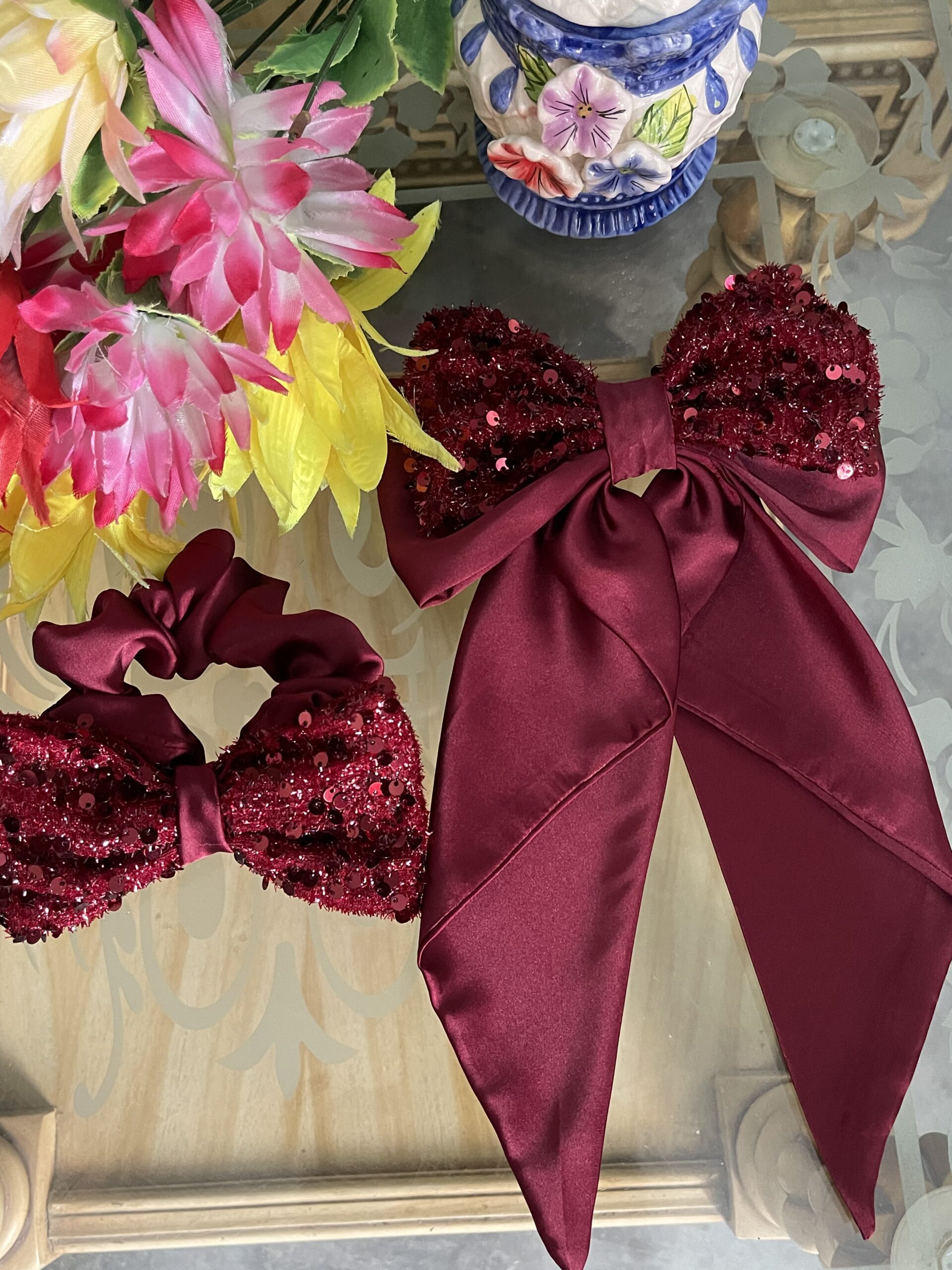 mehroon fancy bow long tail pin with fancy scrunchie mehroon fancy bow long tail pin with fancy scrunchie