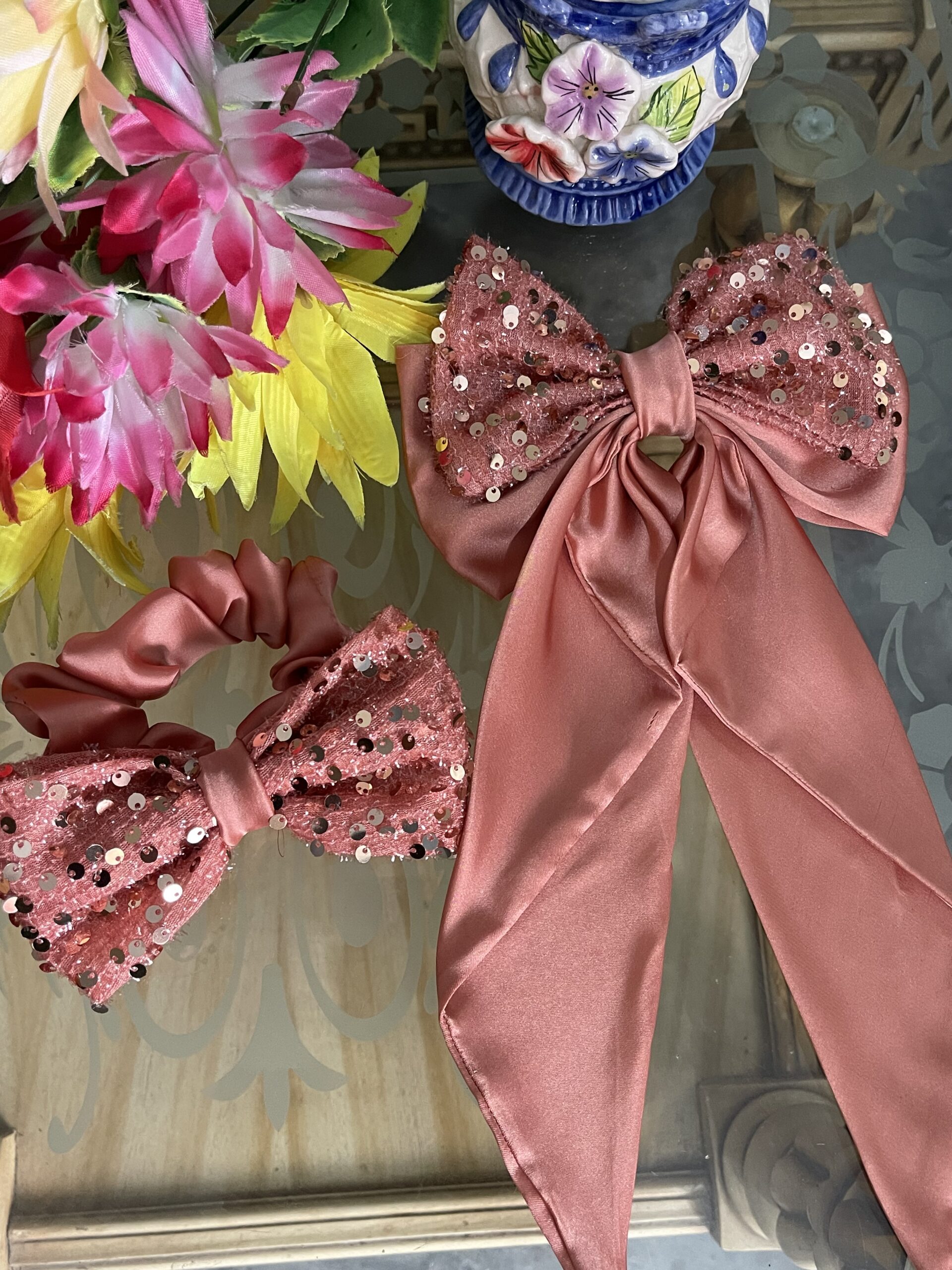 peach fancy bow long tail pin with fancy scrunchie