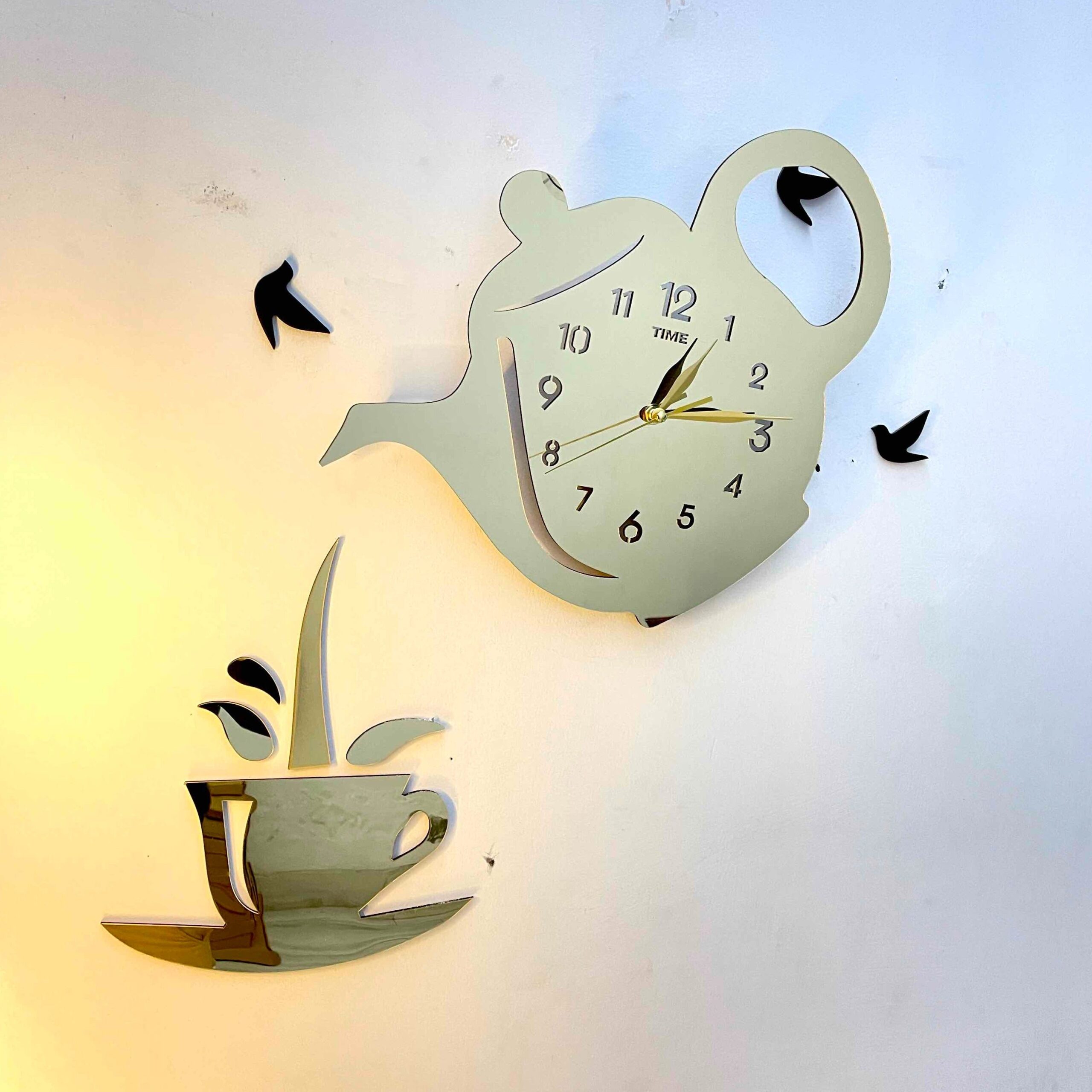 Kettle Tea Wall Clock for kitchen and Home Golden Acrylic