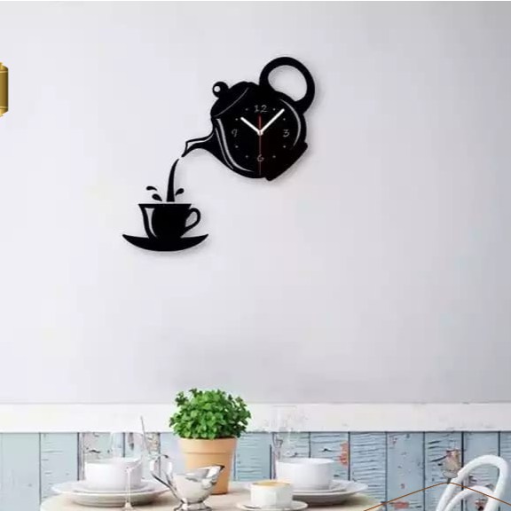 Kettle Tea Wall Clock for kitchen and Home Wooden Black