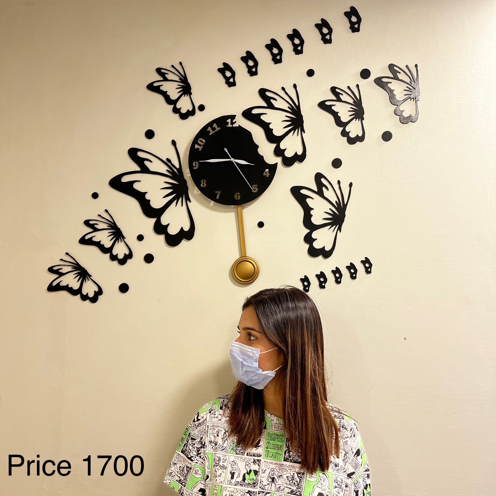 butterfly wooden black clock with pedulum